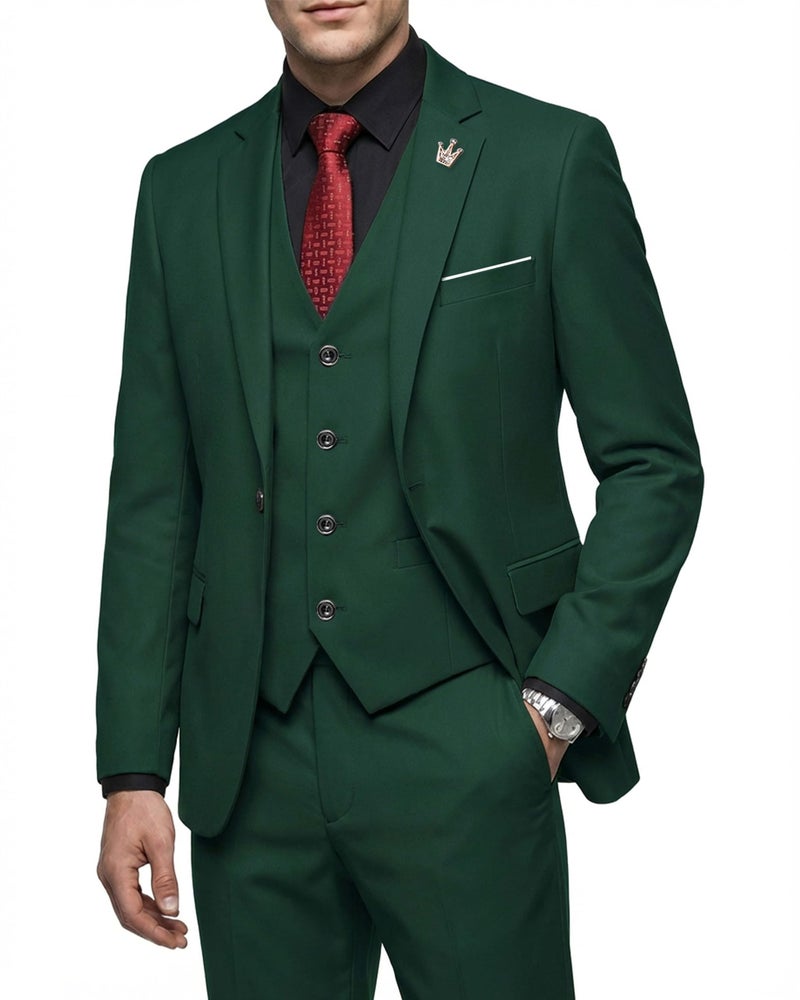 MYS MY'S Men's 3 Piece Suit Set with Tie, One Button Slim Fit Jacket Vest & Pants, Party Wedding Prom Blazer Waistcoat & Trousers, Deep Green Medium - Image 1